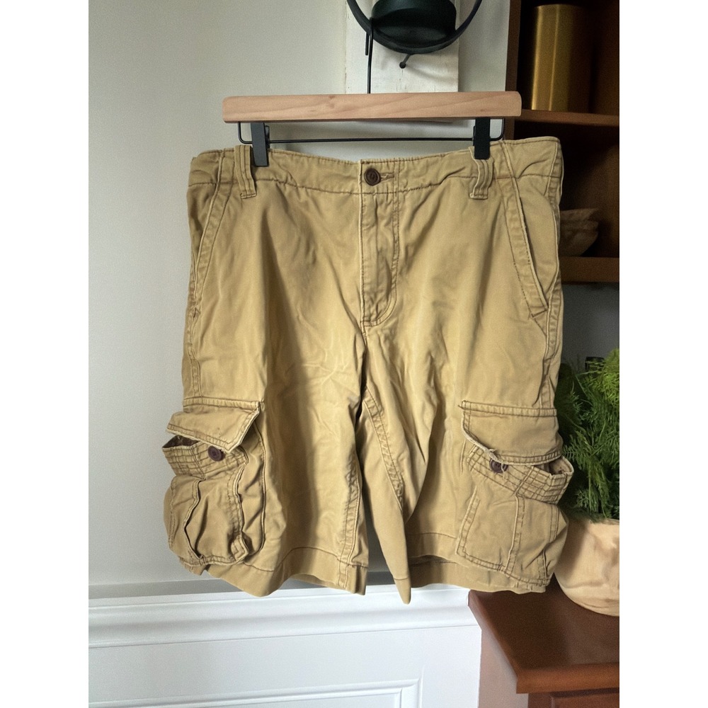 Aeropostale Mens Khaki Cargo Shorts Y2K baggy Paratrooper Thick Cotton Size 33